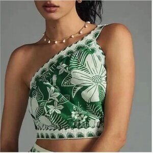 Farm Rio Macaw Elegance Green Off White One Shoulder Crop Top Size Small